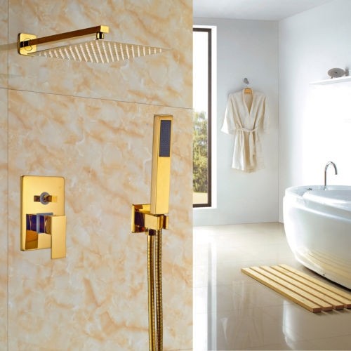 Gouden inbouw stortdouche inclusief goudkleurige handdouche