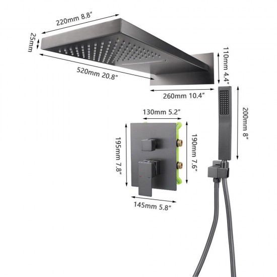 Afmetingen regendouche rechthoekig gun metal