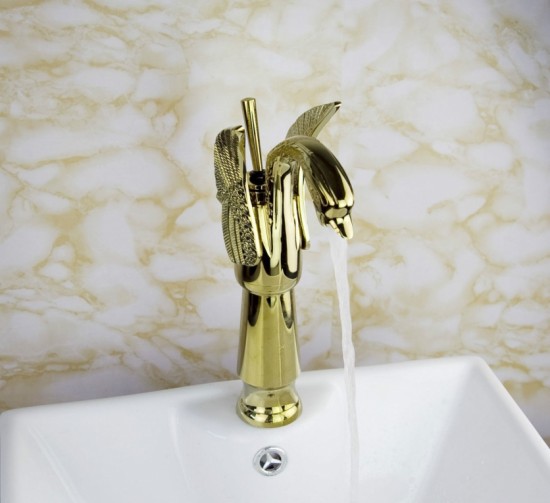 Luxe gouden kraan in de vorm van een Zwaan gouden design wastafelkraan