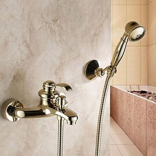 Nostalgische badkraan goud voor muurbevestiging inclusief handdouche en bevestigingsbeugel