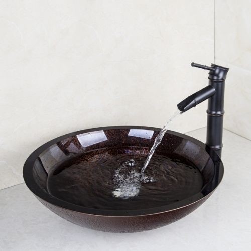 Olie Bronzen afgewerkte wastafel kraan Bambuk met hand geschilderde glazen waskom