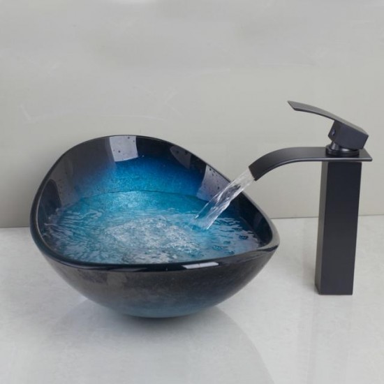 Ovale zwart / blauwe hard glazen waskom inclusief Barre elegance bronzen wastafel kraan