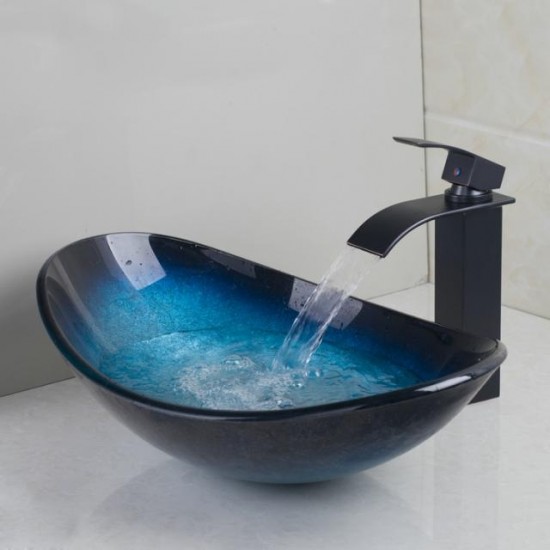 Ovale zwart / blauwe hard glazen waskom inclusief Barre elegance bronzen wastafel kraan