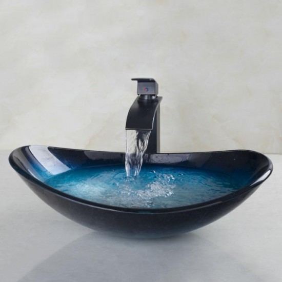 Ovale zwart / blauwe hard glazen waskom inclusief Barre elegance bronzen wastafel kraan