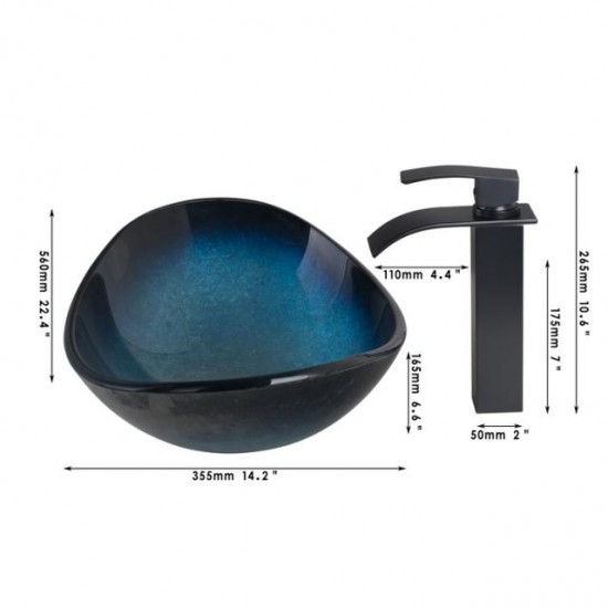 Ovale zwart / blauwe hard glazen waskom inclusief Barre elegance bronzen wastafel kraan
