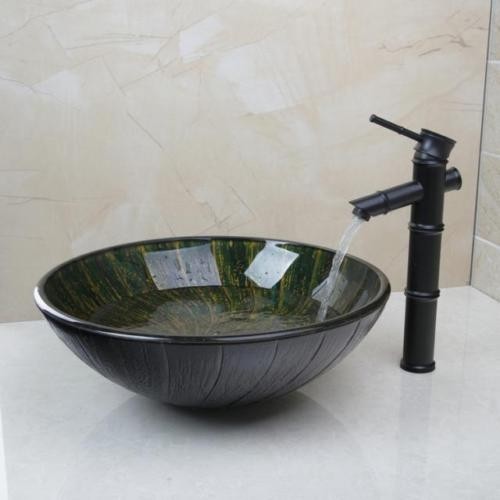 Bronskleurige olie afgewerkte wastafel kraan met hand geschilderde glazen waskom