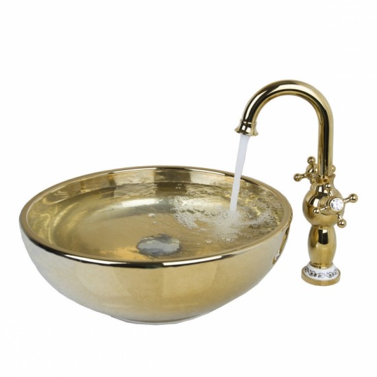 Gouden afgewerkte wastafel kraan met hand geschilderde goudkleurige glazen waskom
