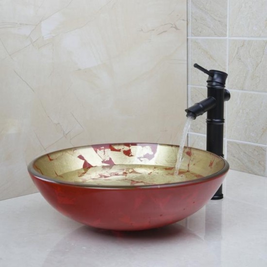 Bronskleurige olie afgewerkte wastafel kraan met hand geschilderde rood gouden glazen waskom