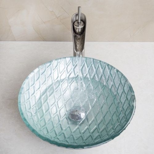 Geborsteld nikkel afgewerkte wastafel kraan Ovi met hand geschilderde glazen waskom