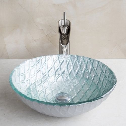 Geborsteld nikkel afgewerkte wastafel kraan Ovi met hand geschilderde glazen waskom